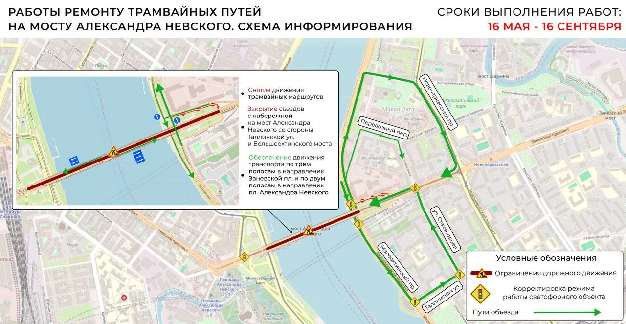 Во время работ закроют движение трамваев и сузят автомобильную проезжую часть в сторону площади; в первом этапе заменят трамвайные пути, обновят гидроизоляцию и асфальт.