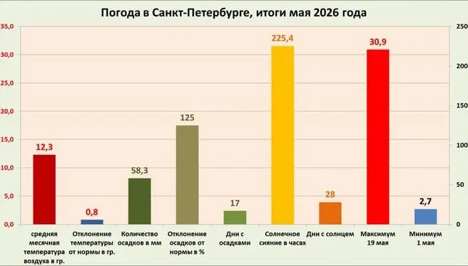 В мае в Санкт-Петербурге зафиксировали резкое похолодание — самое заметное с 2001 года. Самый холодный день был 1 мая (+2,7°C), самый тёплый — 19 мая (+30,9°C). Осадков было во второй половине месяца, а солнца — только 88% от нормы.