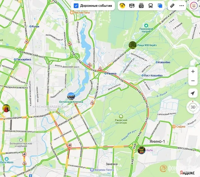 Из‑за ремонтных работ Кольцевая автодорога встала в заторе длиной почти пять километров — от проспекта Косыгина до Шафировского проспекта.