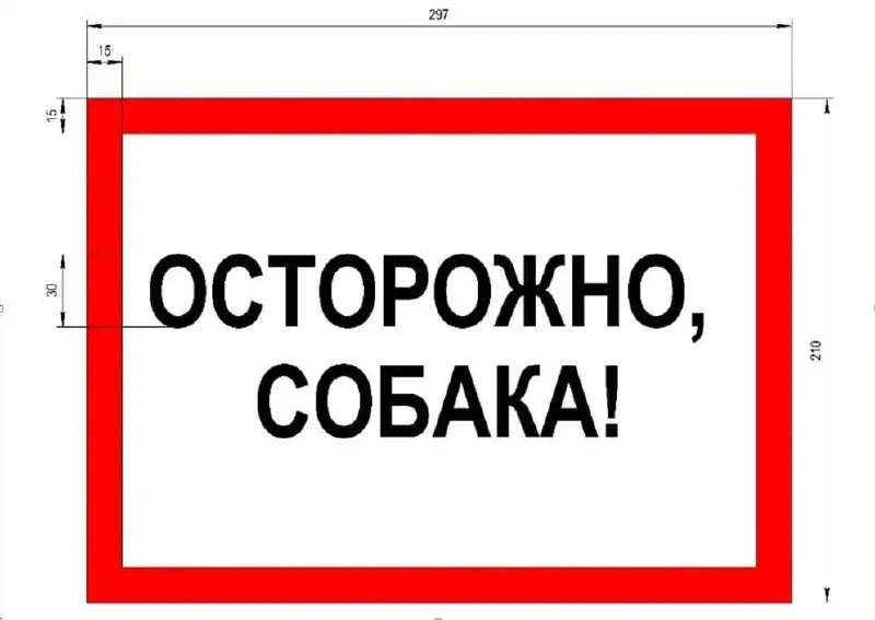 Проект Управления ветеринарии предполагает единый дизайн предупреждающей таблички: белый фон с красной рамкой, крупная чёрная надпись, размер не менее 210×297 мм. Установка обязательна для крупных собак и потенциально опасных пород, за отсутствие грозит штраф 1–3 тыс. рублей.