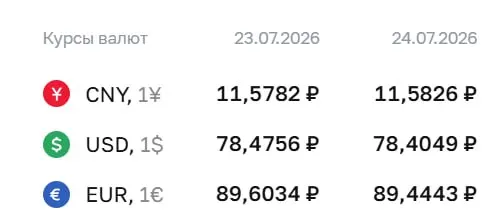 Официальные курсы на 24 июля: доллар — 78,40 ₽, евро — 89,44 ₽, юань — 11,58 ₽. По курсу ЦБ проводятся расчёты по облигациям и фьючерсам.