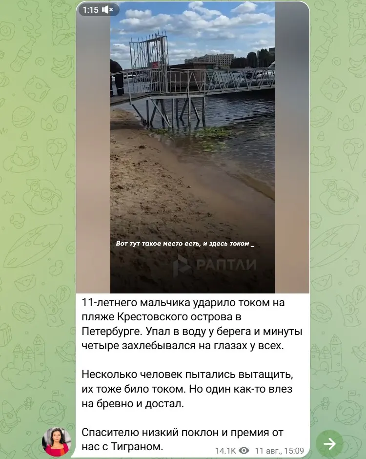 На набережной Санкт-Петербурга мужчина вытащил из воды 11-летнего мальчика после удара током; за смелый поступок ему присвоят премию в размере одного миллиона рублей.
