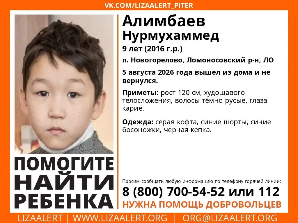 В поселке Новогорелово Ломоносовского района пропал 9-летний Нурмухамед; вещи найдены на берегу водоема, ведутся поиски силами полиции и волонтёров.