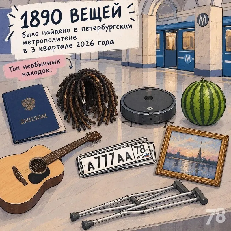 Петербургское метро фиксирует 1890 забытых предметов за III квартал 2026 года; в топе необычных находок — парик из дредов, арбуз и робот-пылесос, а также комплект номеров и дипломы.